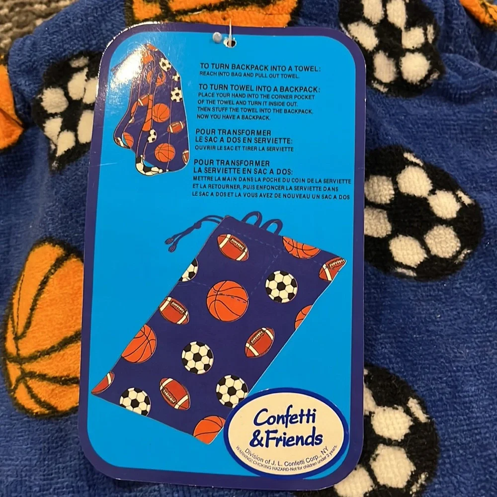 Beach towel backpack sports theme. Towel size 30”x60”. New